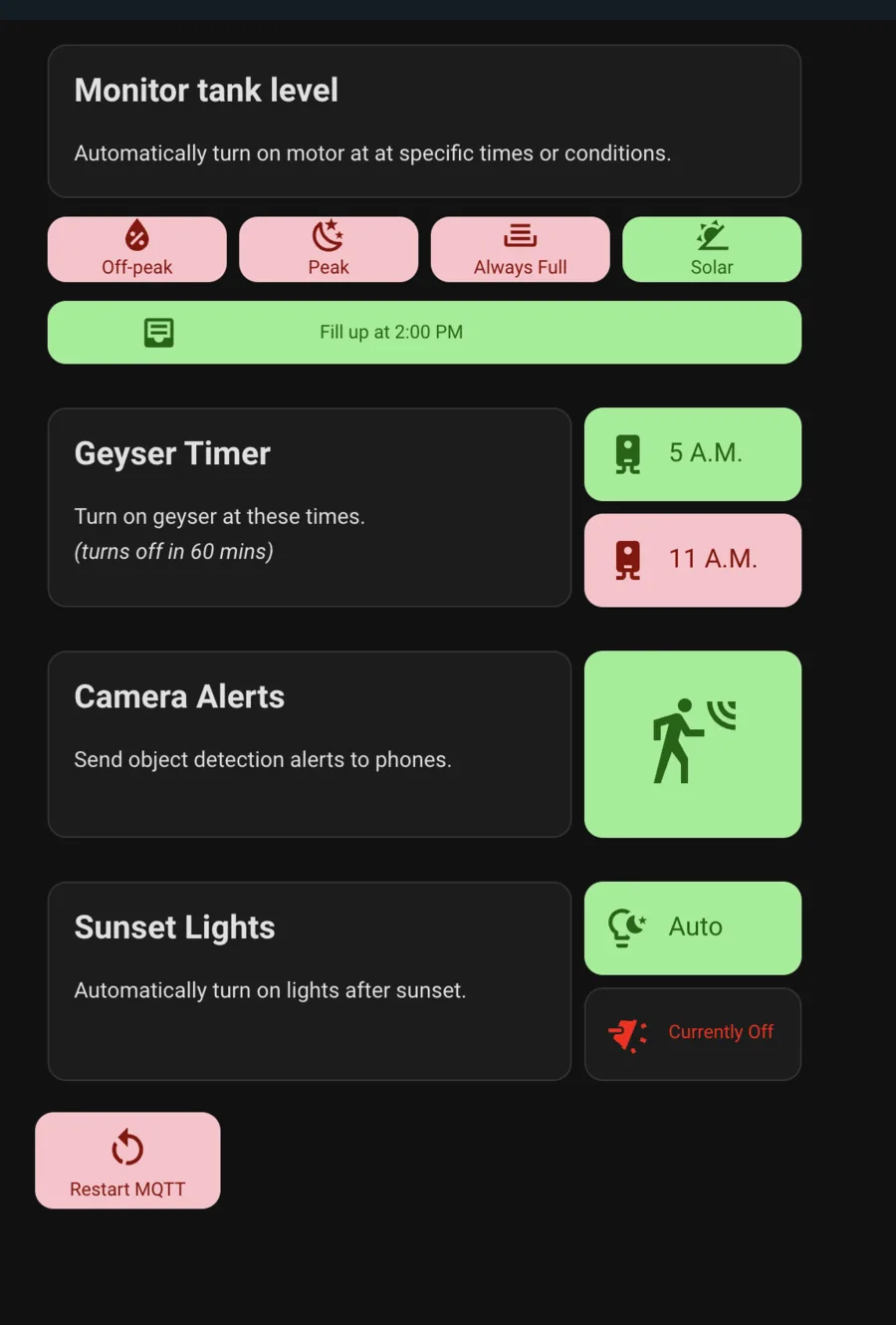 Tank automation in the HomeHaven app: off-peak, peak, always-full and solar modes, with a scheduled fill time