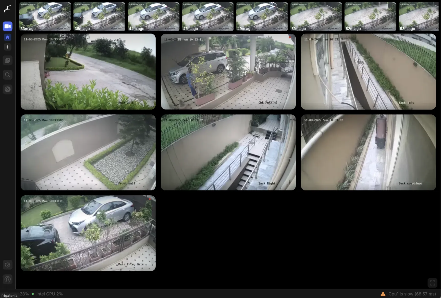 Camera grid with a strip of recent person and vehicle detection events