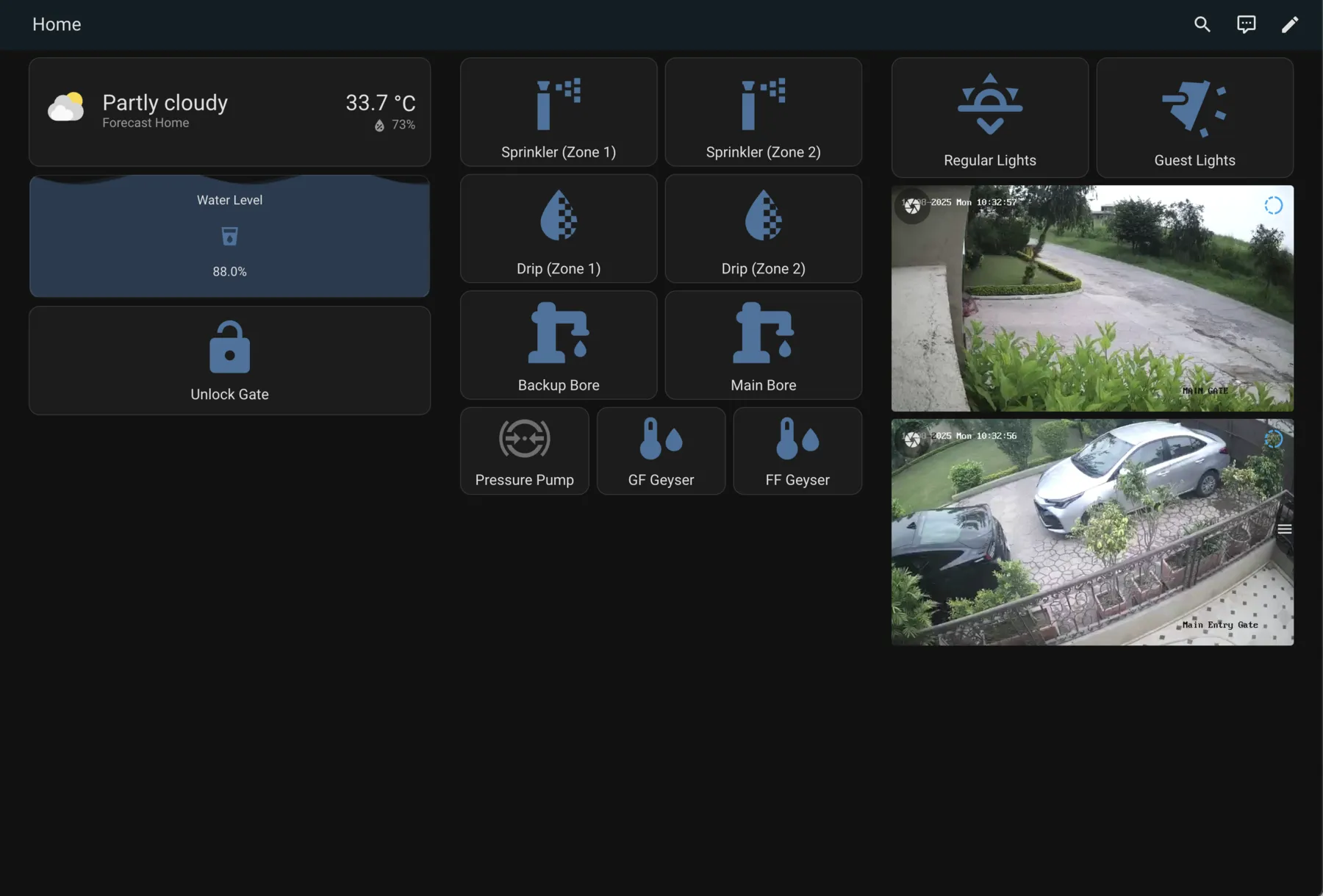 HomeHaven home screen with the water tank level, bores, pressure pump and geysers