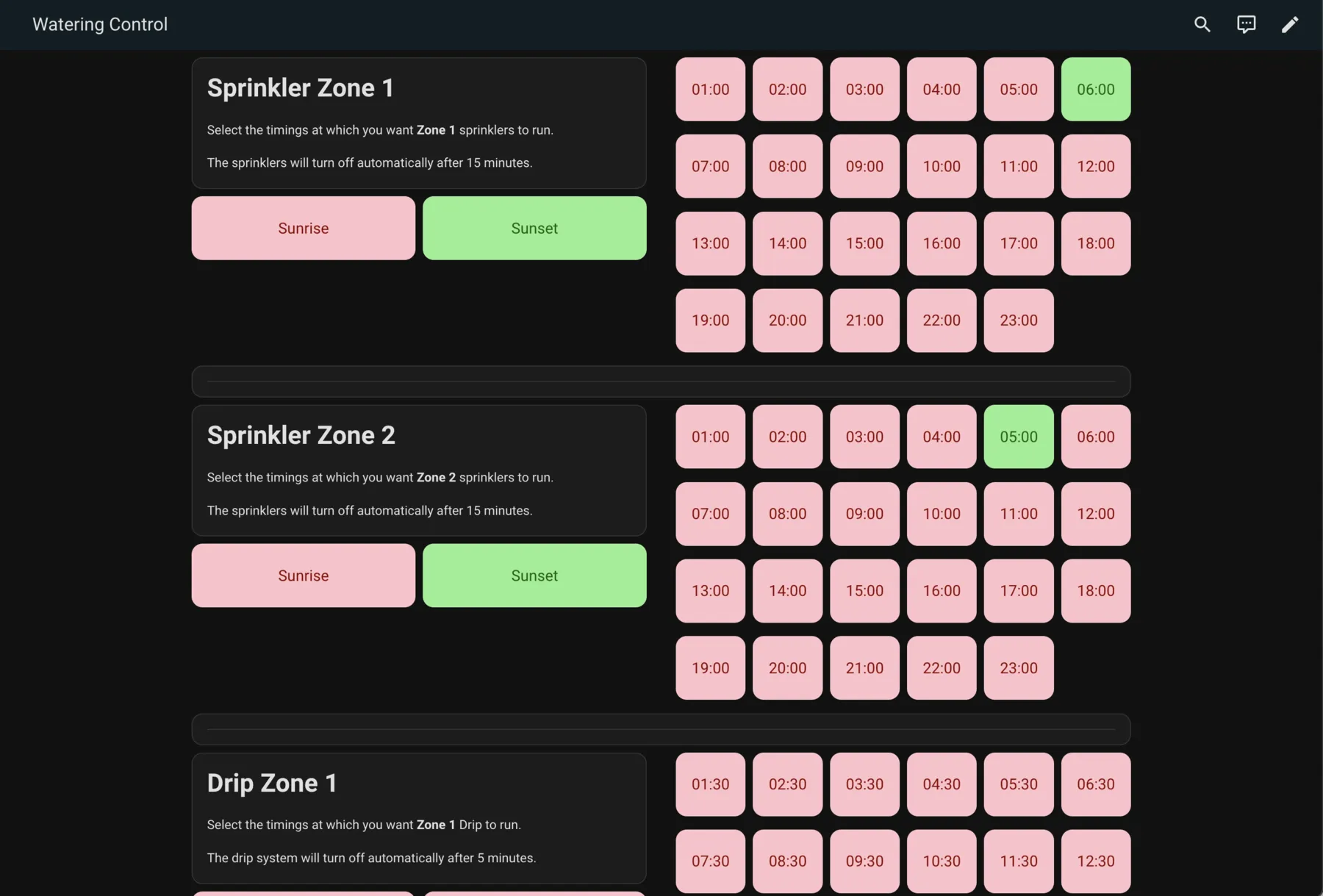 Watering control with schedules for sprinkler and drip zones