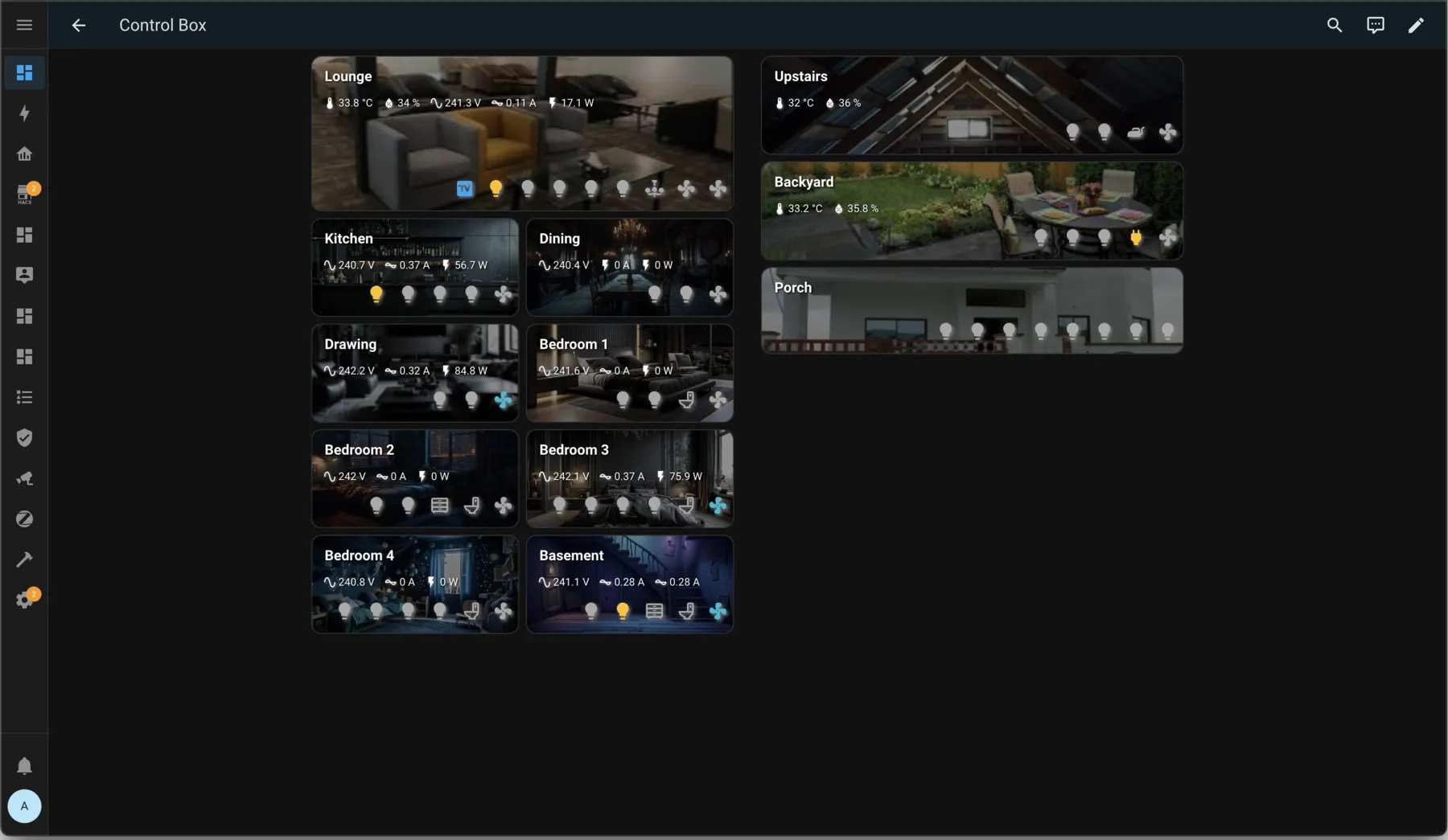 Room-by-room control in the HomeHaven app, with lights and readings for every room